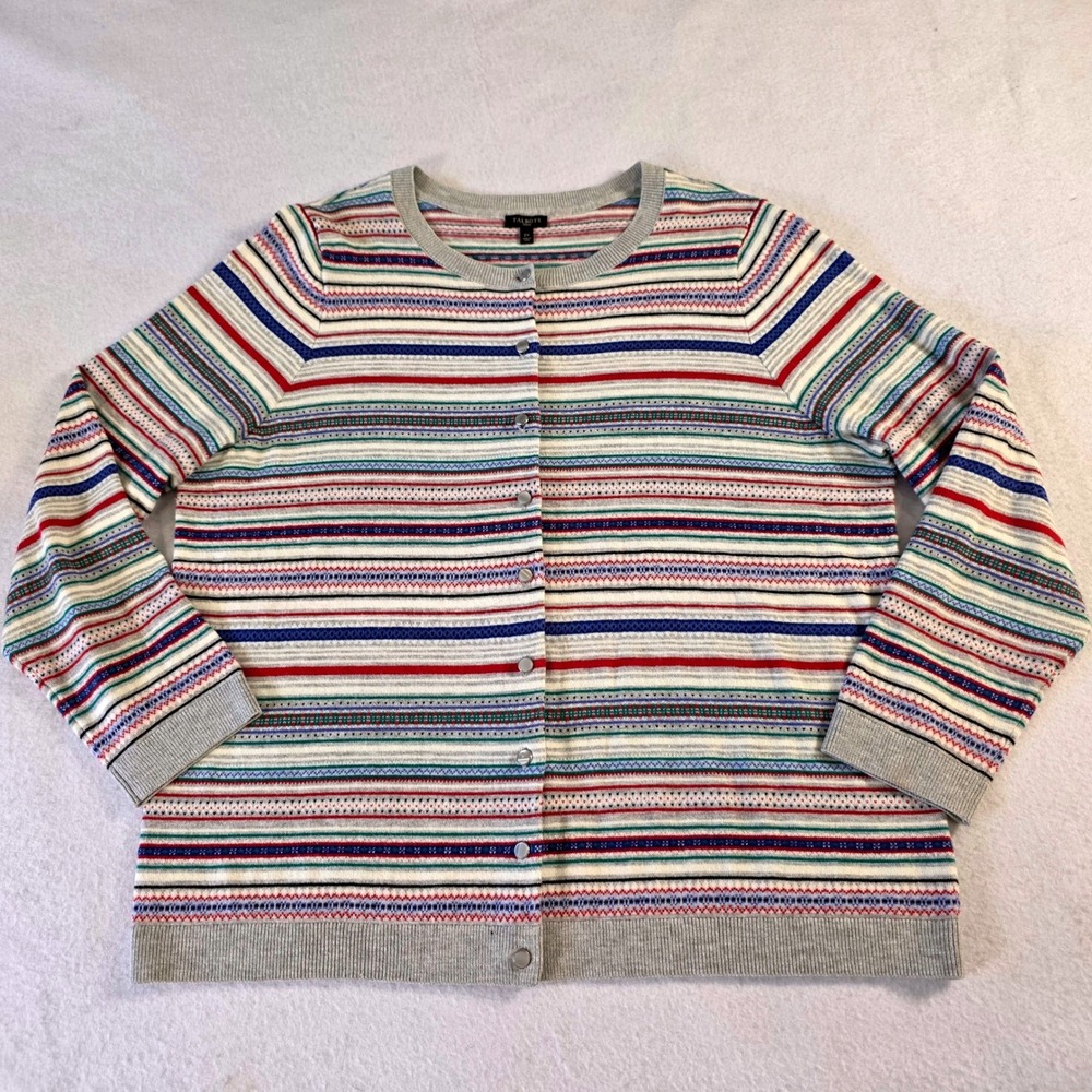 Talbots Woman 2X Cardigan Sweater Lambswool Blend Striped Fair Isle Gray Multi